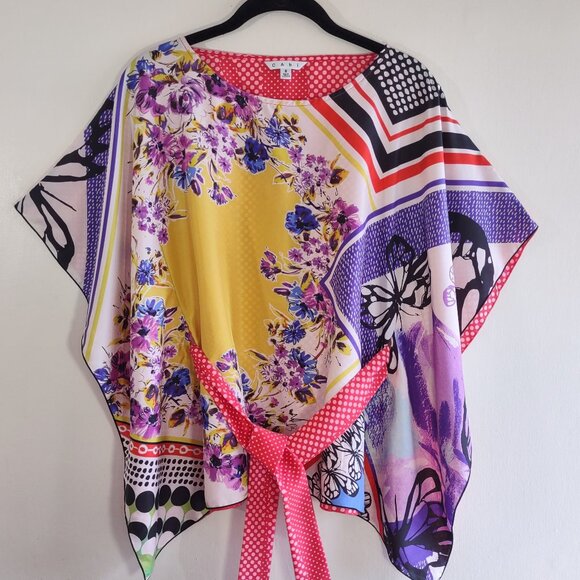CAbi 100% Silk Scarf Top w/ Belt Kimono Style Polka Dot Floral Artsy Size Small - Picture 13 of 14